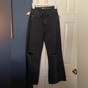 Black Distressed Wide Leg Denim Jeans